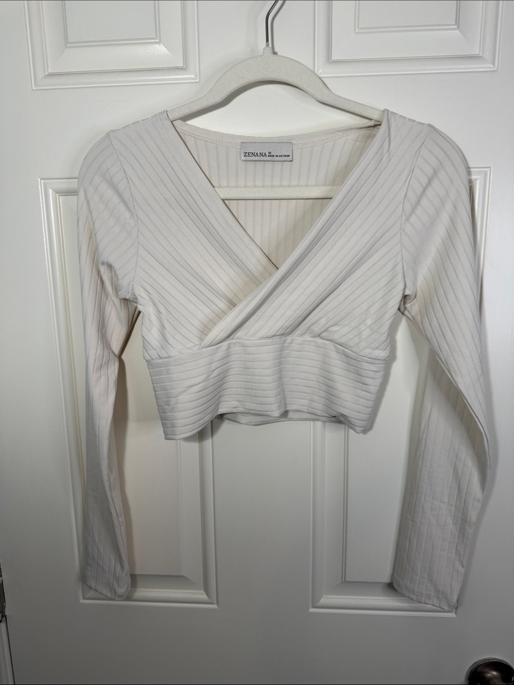 Zenana Outfitters Ribbed Wrap Crop Top in Cream